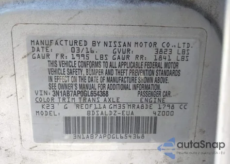 2016 Nissan Sentra Fe+ S/S/Sl/Sr/Sv z USA, uszkodzony, nr VIN 3N1AB7AP0GL654368